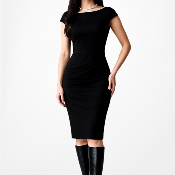 Vintage Y2K Kasper Black Capped Sleeve Knee Length Bodycon Dress Size 4/M - Picture 1 of 6